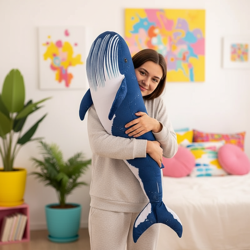 Woman holding a large blue and white whale shark-shaped plushie body pillow in a room with colorful decorations.