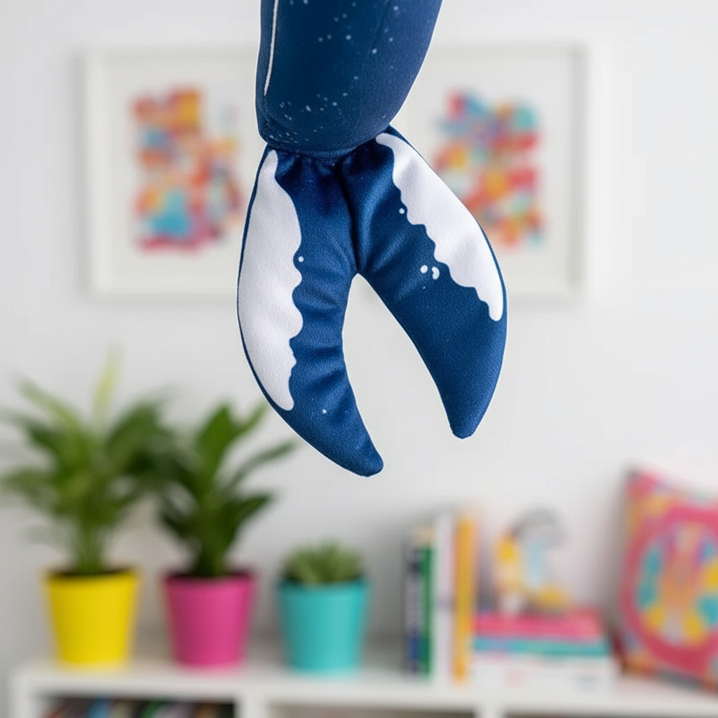 Blue and white whale fin-shaped pillow hanging against a blurred indoor background with plants and books.