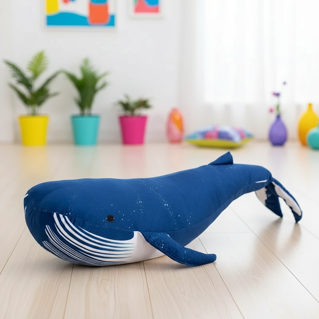 Blue whale-shaped plushie pillow on a wooden floor with colorful plants and toys in the background