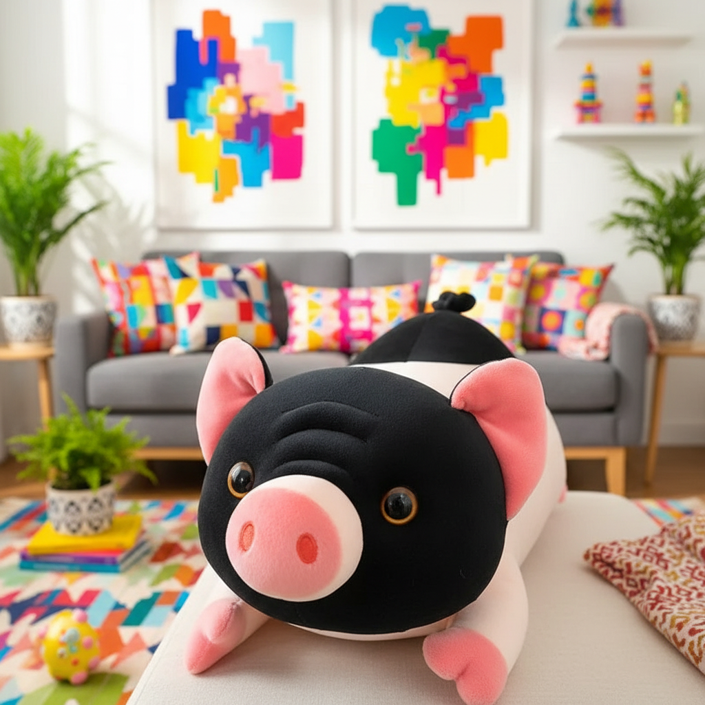 Plush toy pig in a colorful living room with abstract art and plants.