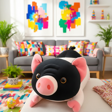 Plush toy pig in a colorful living room with abstract art and plants.