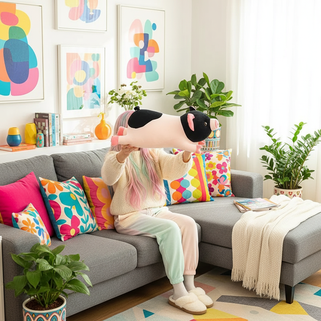 Person sitting on a gray sofa with colorful pillows, holding a plush toy, in a bright living room.