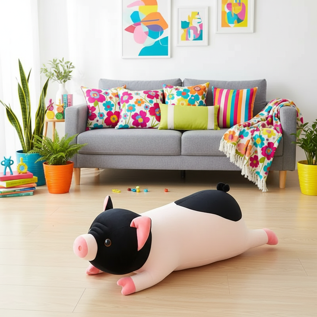 Plush pig toy on a wooden floor with a colorful sofa and decor in the background