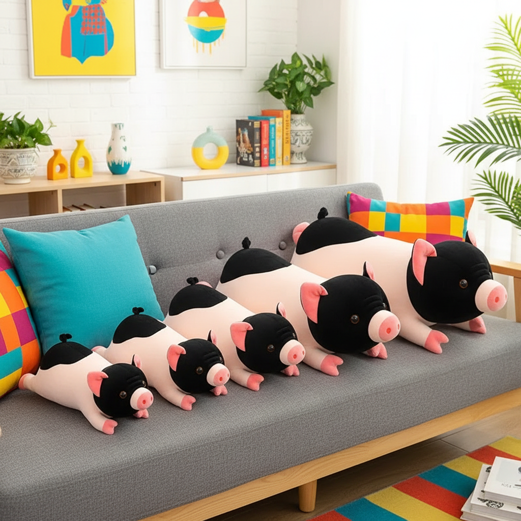 Row of pig-shaped plush toys on a gray sofa in a living room setting.