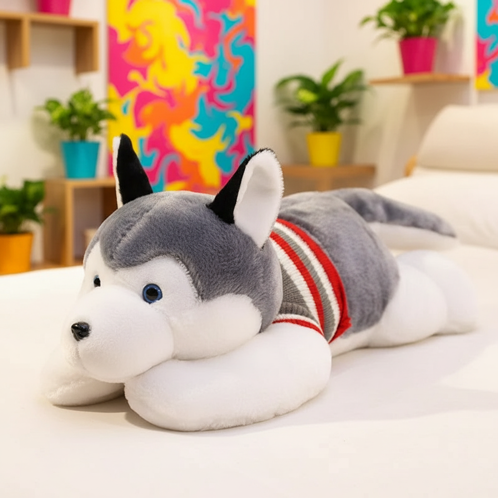 Plush toy husky dog wearing a sweater on a bed with a colorful wall and plants in the background