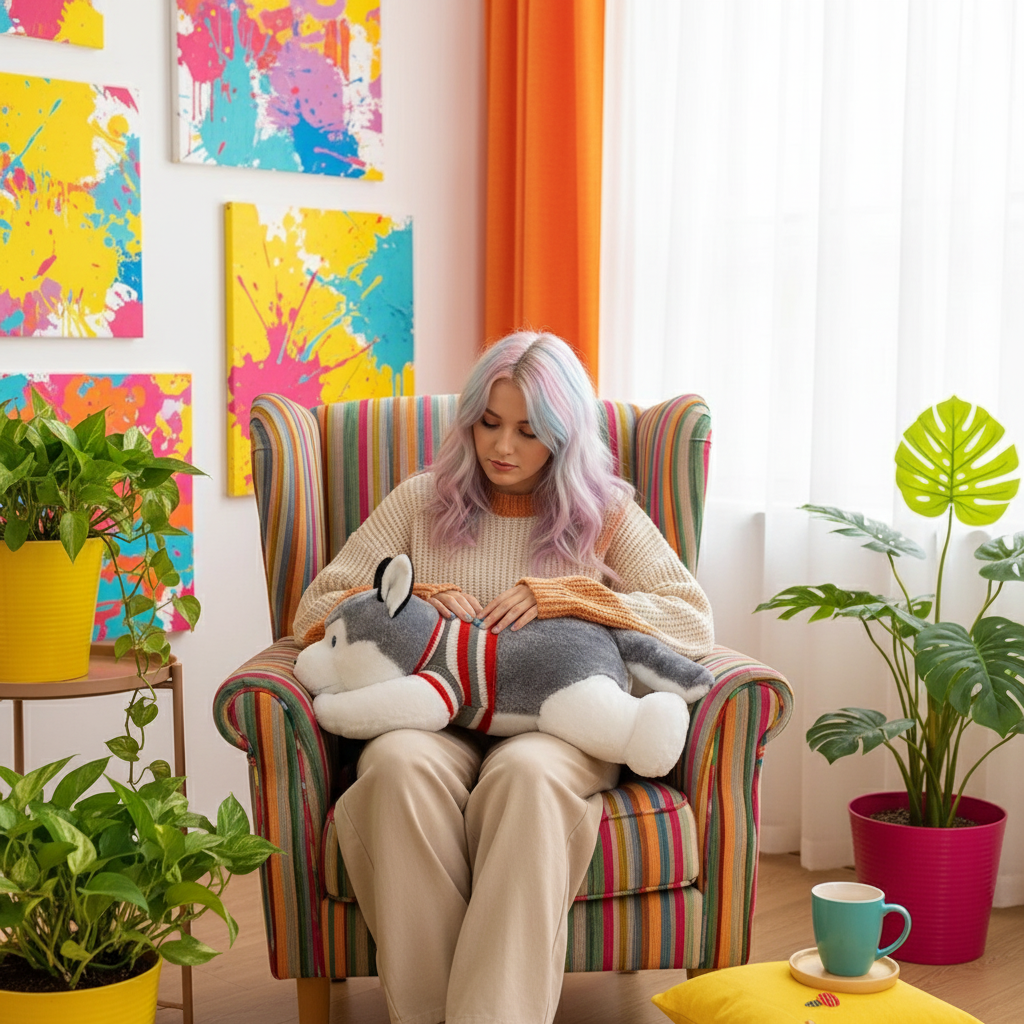 Woman sitting in a colorful chair holding a plush toy, surrounded by plants and vibrant wall art.