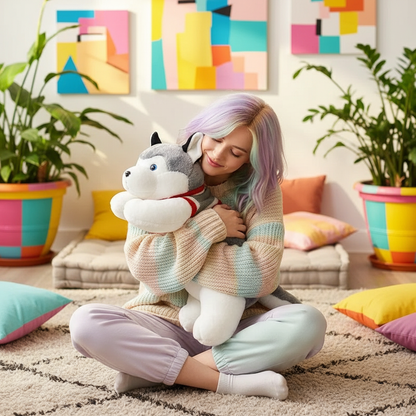 Woman holding a large plush dog toy in a colorful living room