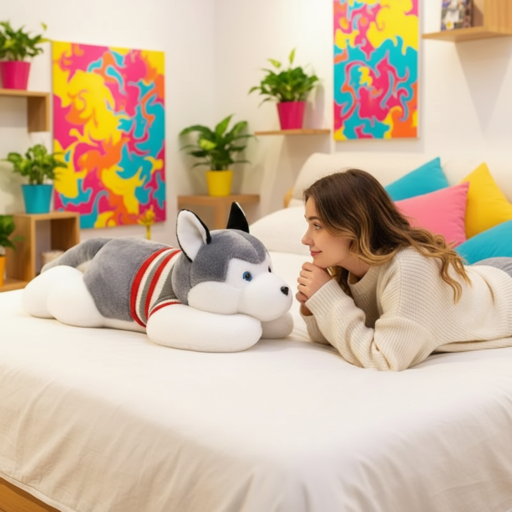 Woman lying on a bed with a large husky plush dog, surrounded by colorful pillows and abstract wall art.