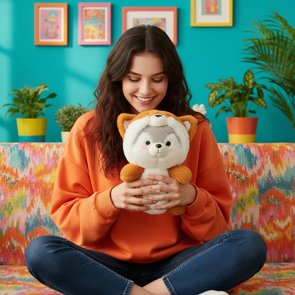 Woman holding a plush toy in a colorful room with plants and a colorful couch.