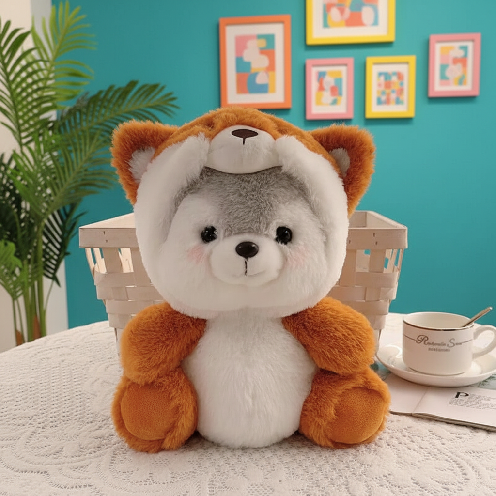 Plush toy resembling a fox sitting on a table with a cup and saucer in the background.