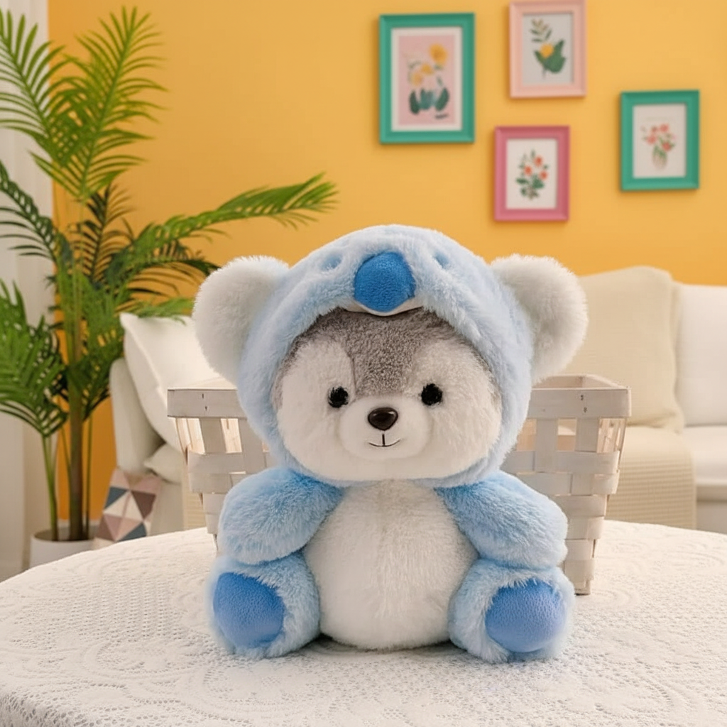 Plush toy resembling a husky dog in a blue costume sitting on a white surface with a yellow wall and plants in the background.