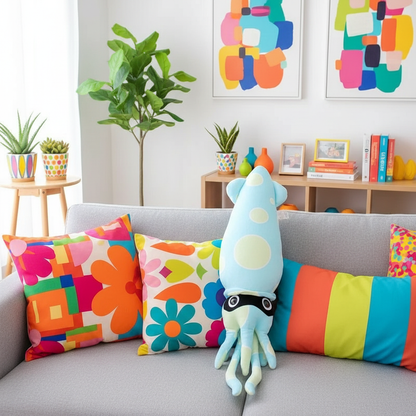 Colorful cushions and a squid-shaped pillow on a sofa in a living room with abstract art and plants.