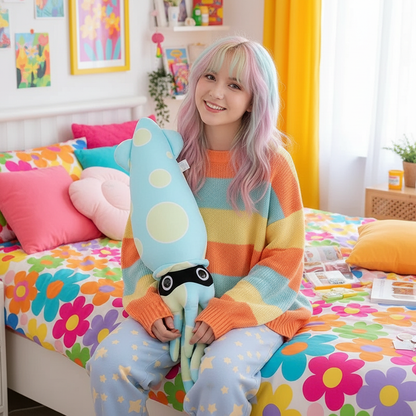 Person sitting on a bed with colorful bedding and pillows, holding a plush toy.