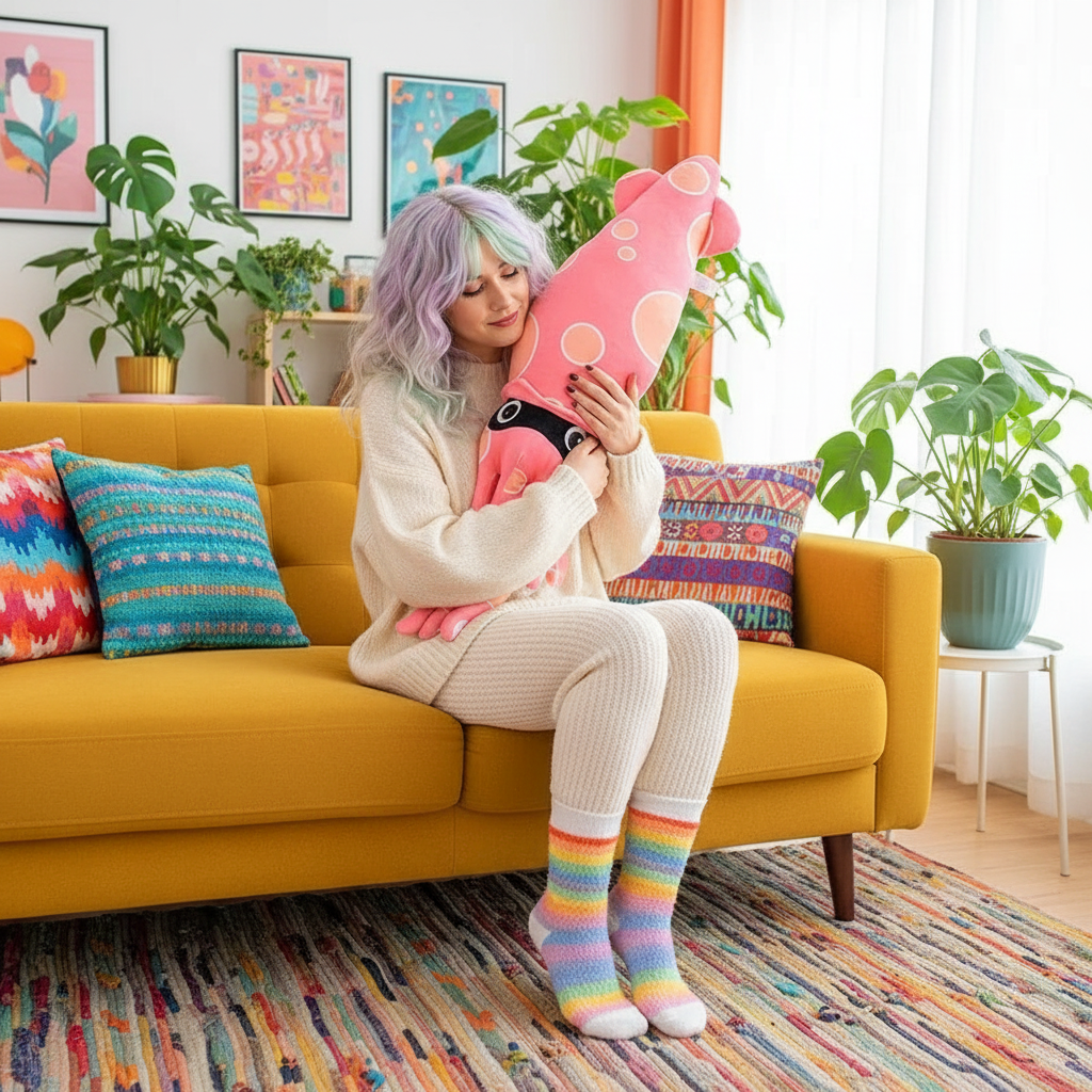 Person sitting on a yellow couch holding a pink plush toy in a colorful living room.