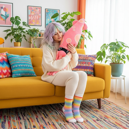 Person sitting on a yellow couch holding a pink plush toy in a colorful living room.