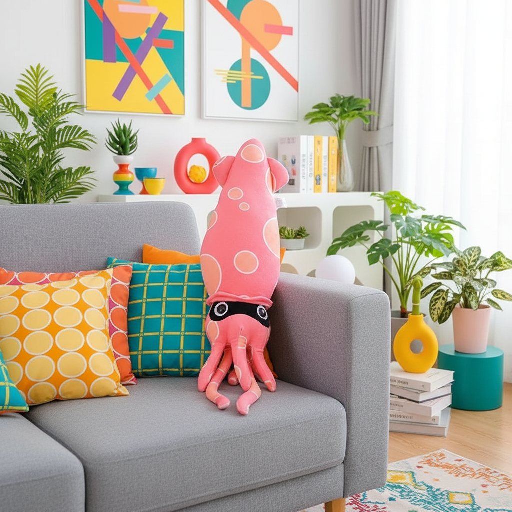Pink squid plush toy on a gray sofa in a colorful living room.