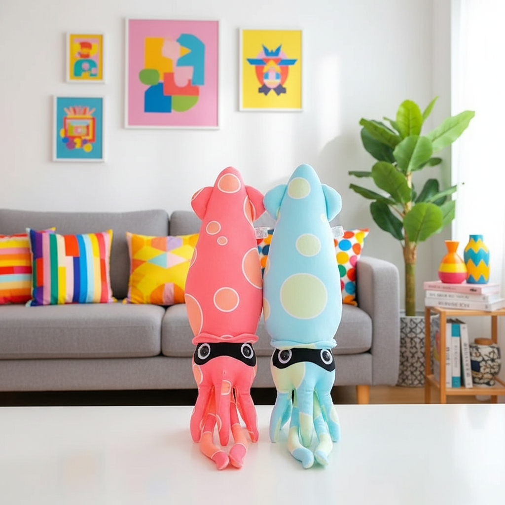 Colorful squid-shaped plush toys in a living room setting with abstract art and decor.
