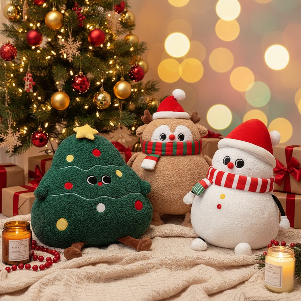 Three Christmas-themed plush toys in front of a decorated tree with lights and presents.