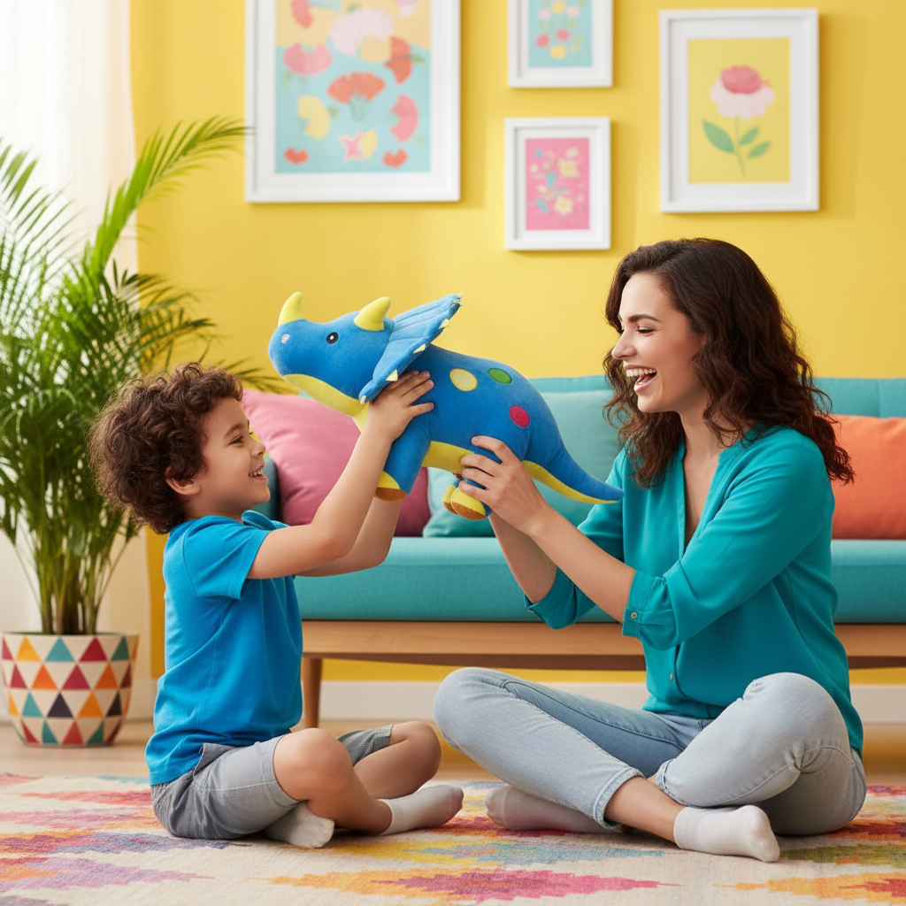 Woman and child playing with a blue dinosaur plush toy in a colorful living room.