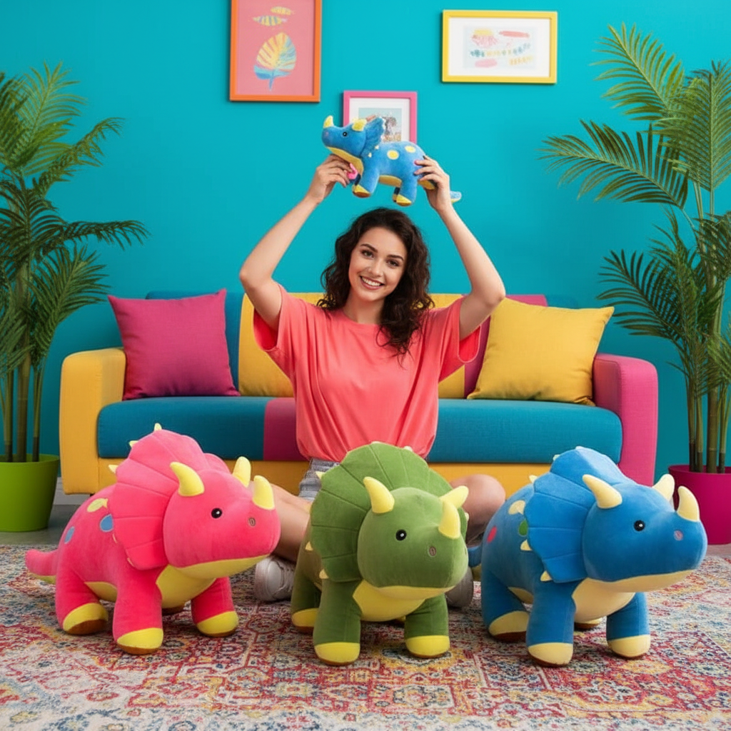 Woman holding a colorful dinosaur plush toy in a room with colorful furniture and plants.
