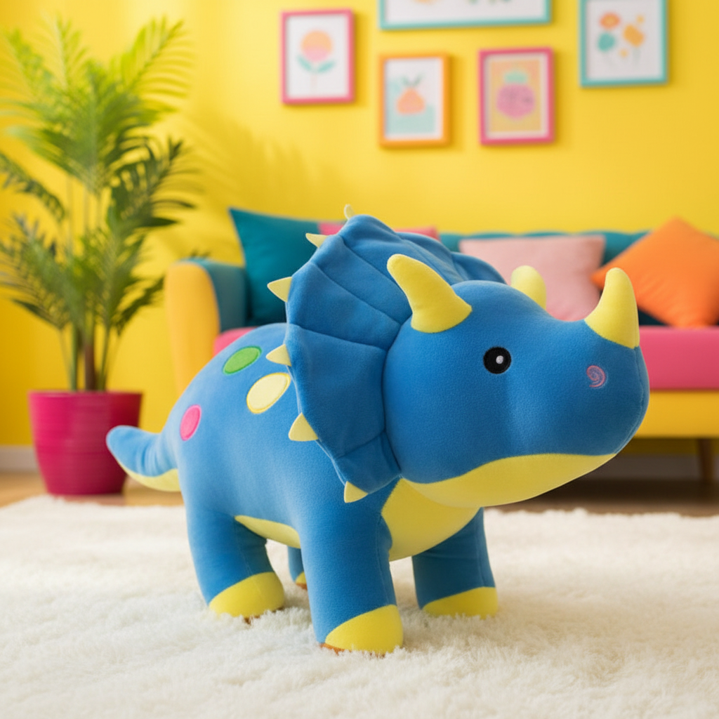 Colorful dinosaur plush toy in a room with a yellow wall, colorful cushions, and a plant.