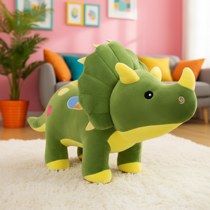 Green dinosaur plush toy in a room with colorful cushions and a pink wall.