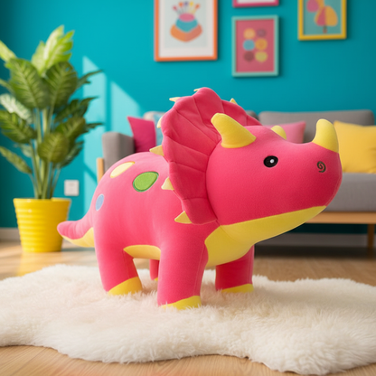 Pink and yellow dinosaur plush toy on a white rug with a colorful living room background