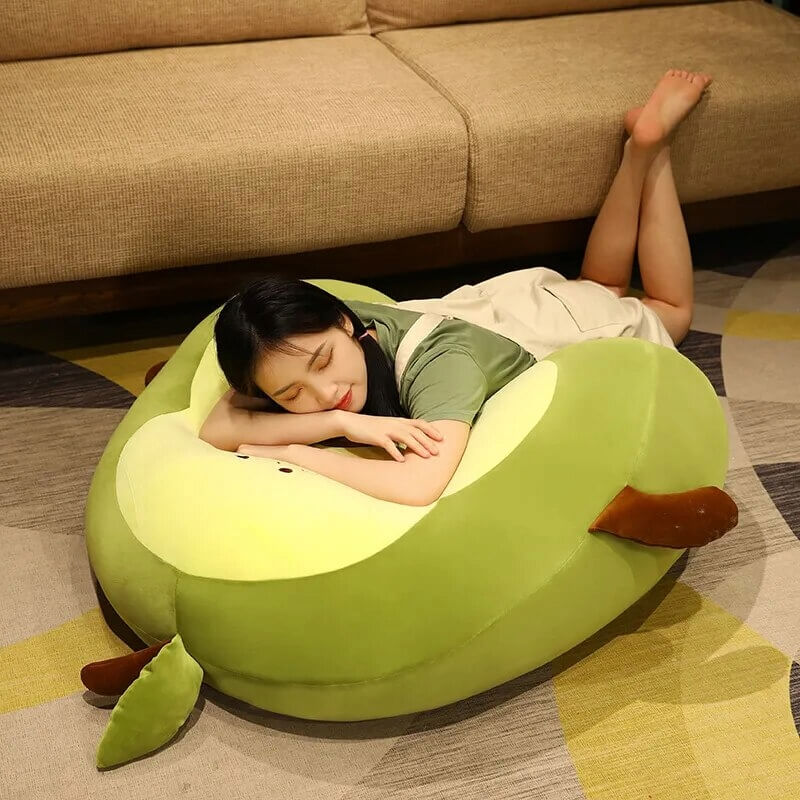 Kawaii Avocado Plushie used as a pillow
