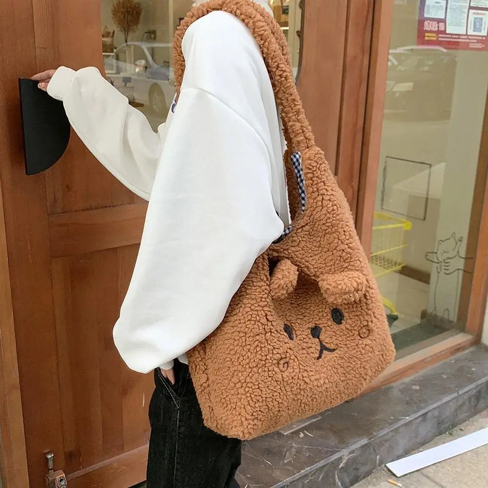 Cartoon Embroidery Soft Plush Tote Brown