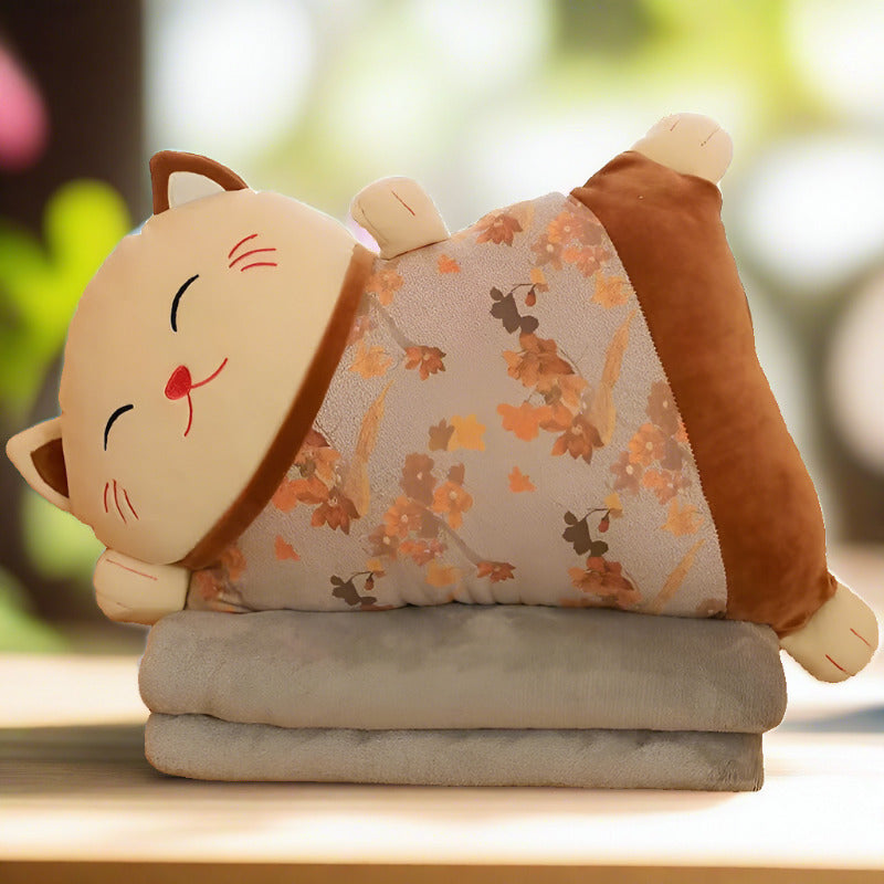 Kawaii Fortune Cat Pillow & Blanket Set brown plushie