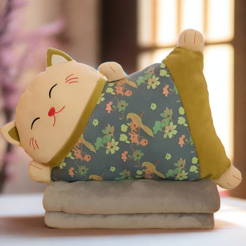 Kawaii Fortune Cat Pillow & Blanket Set green plushie