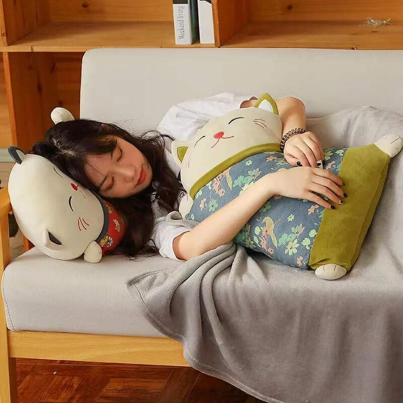 Kawaii Fortune Cat Pillow & Blanket Set usage