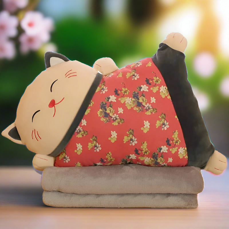 Kawaii Fortune Cat Pillow & Blanket Set red plushie