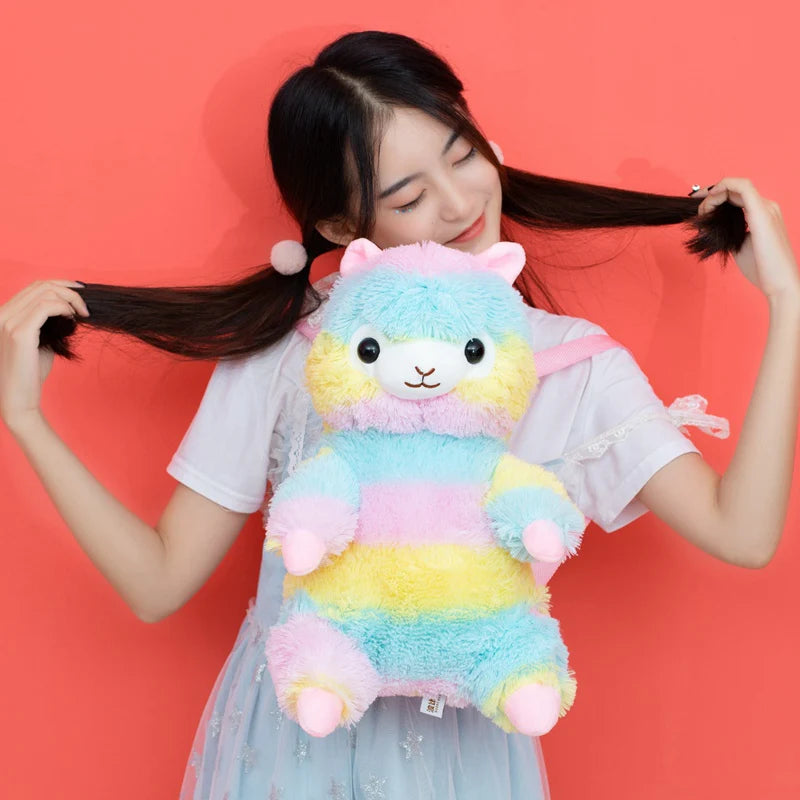 Kawaii Rainbow Alpaca Plushie Backpack Multicolor