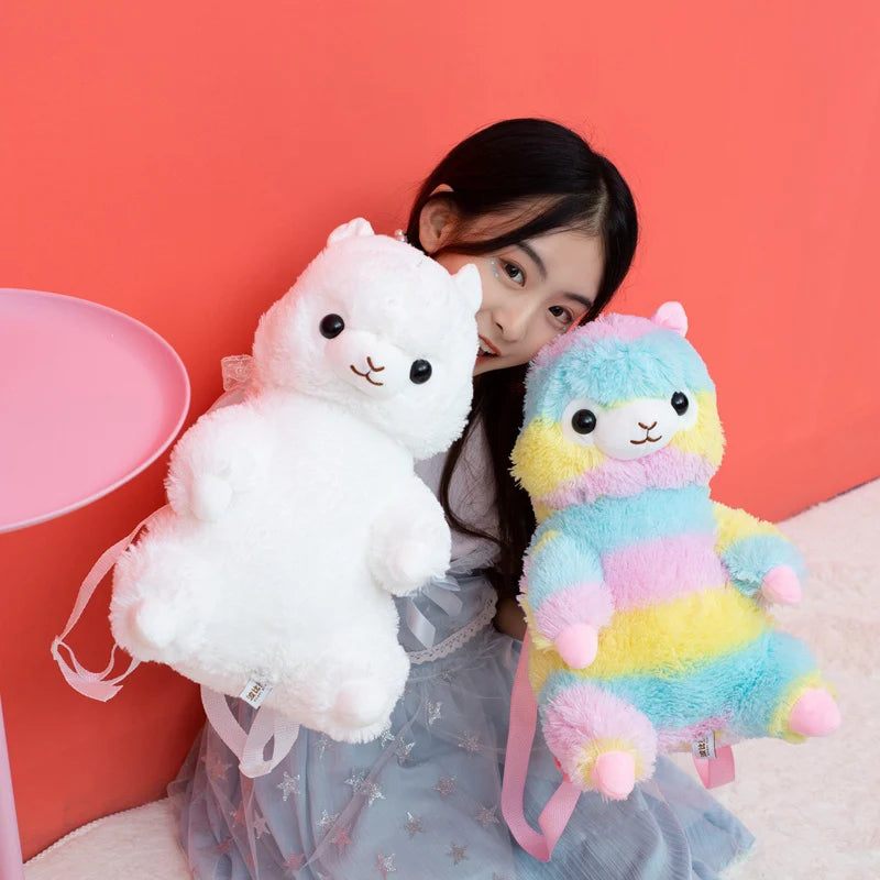 Kawaii Rainbow Alpaca Plushie Backpack White and Multicolor