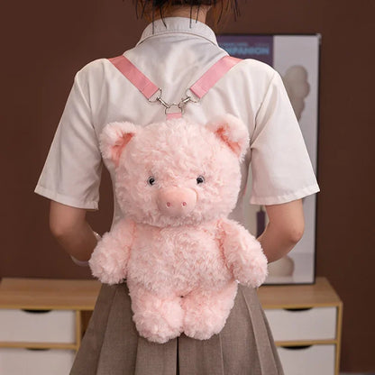 Person wearing a pink fluffy pig plushie backpack indoors