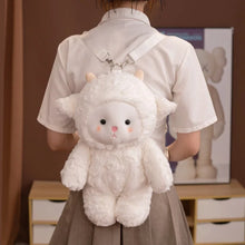 Person wearing a fluffy white sheep plushie backpack with animal ears and a face.