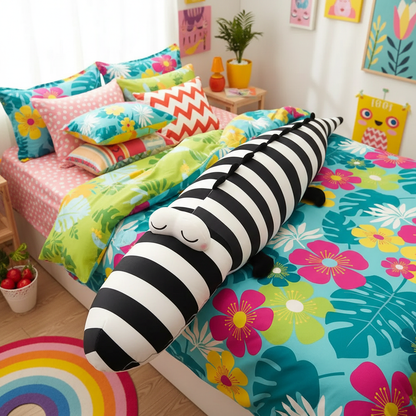 Colorful bedroom with floral bedding, striped pillow, and decorative pillows.