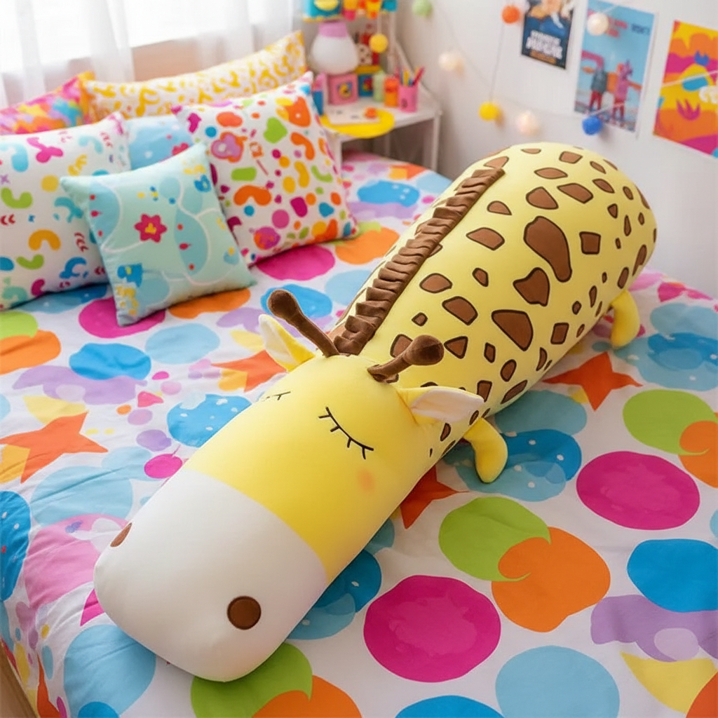 Giraffe-shaped pillow on a colorful bedspread with cartoon pillows in the background