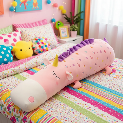 Colorful bedroom with a unicorn-shaped pillow on a bed