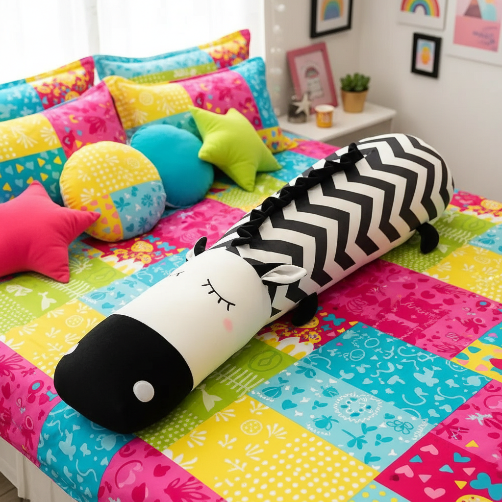 Colorful bedspread with zebra-shaped pillow on a bed in a child's room