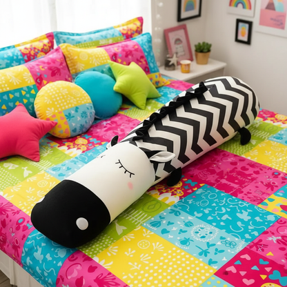 Colorful bedspread with zebra-shaped pillow on a bed in a child's room