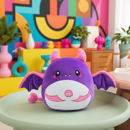 Purple and pink plush bat with bat wings on a table against a colorful background