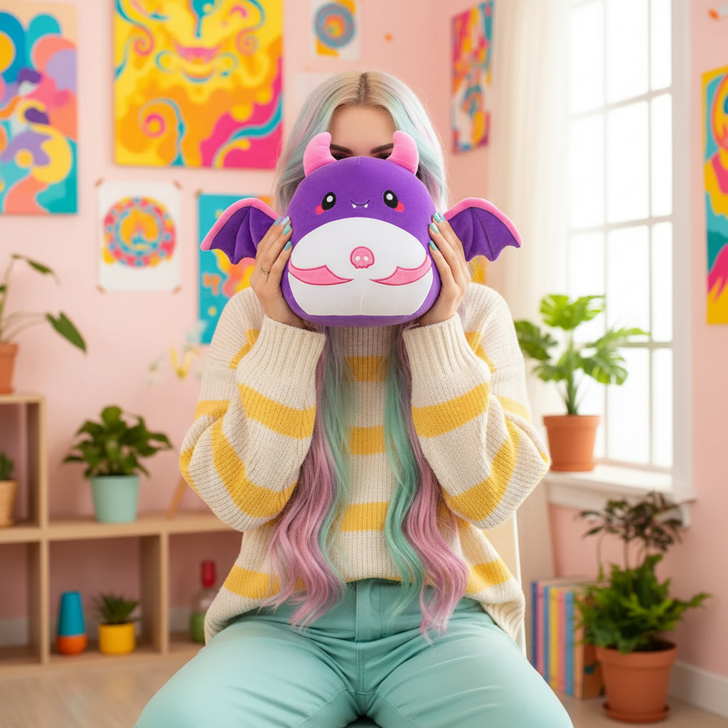 Person holding a purple plush toy with bat wings in a colorful room.