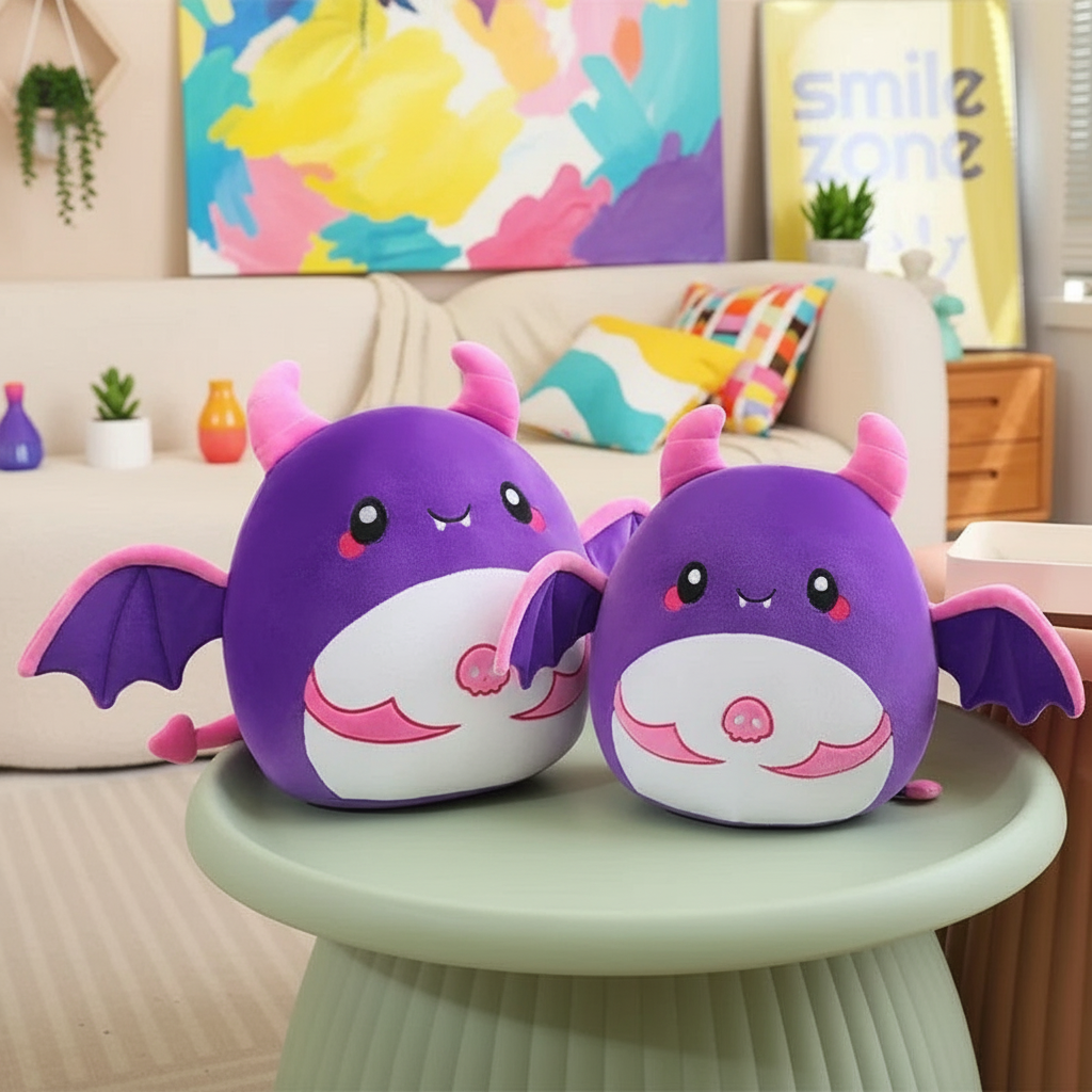 Two purple and pink plush bats on a table with a colorful living room background