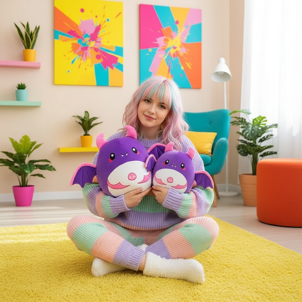 Person holding two purple plush bats in a colorful room with abstract art and plants.
