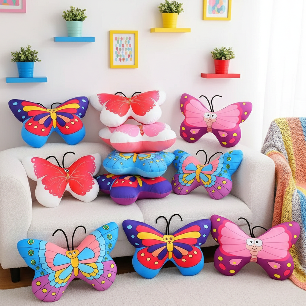 Colorful butterfly-shaped cushions on a sofa with a decorative wall background.