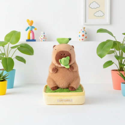 Stuffed animal on a box with plants and toys in the background