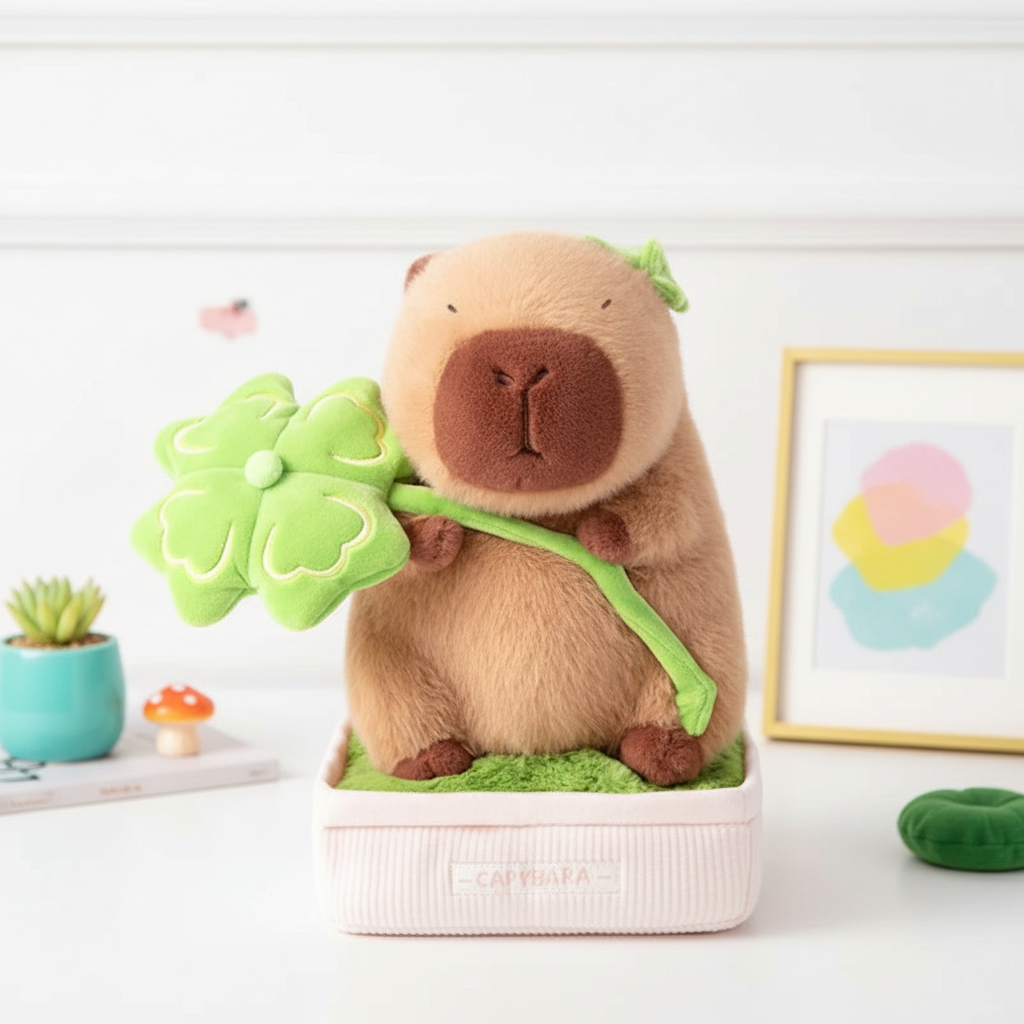 Stuffed animal toy resembling a capybara holding a flower, placed on a white surface with a light background.