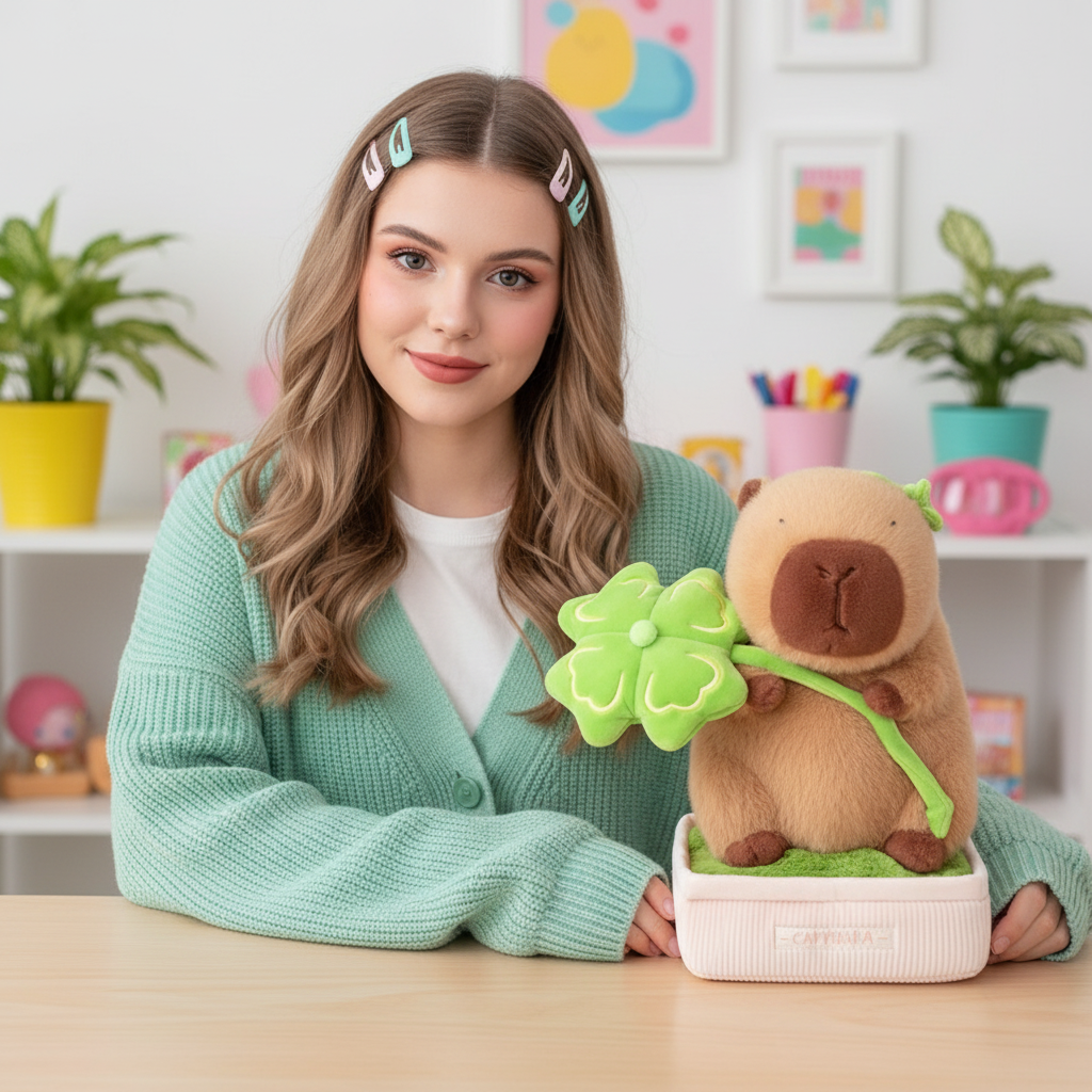 Woman holding a plush toy with a flower, sitting at a table in a bright room with plants and colorful decor.